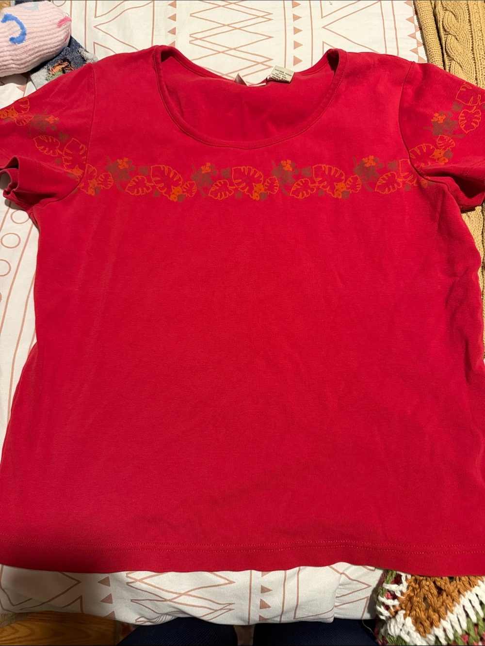 Women’s Red Short-Sleeve Tee with Subtle Floral Print